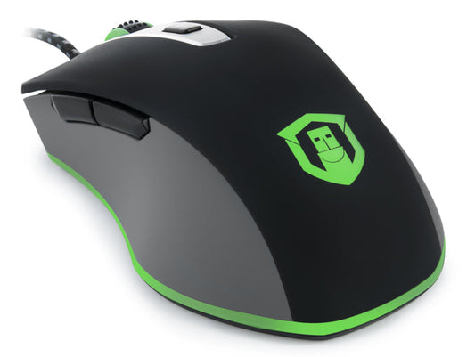 Plugable USB-PM3360 gaming mouse with side buttons, scroll wheel, and braided cable.