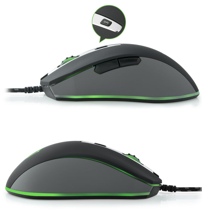 Plugable USB-PM3360 gaming mouse side profile showing top-mounted DPI adjustment button.