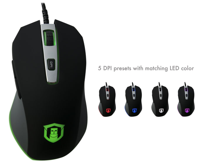Plugable USB-PM3360 gaming mouse showing 5 DPI presets with matching LED colors.