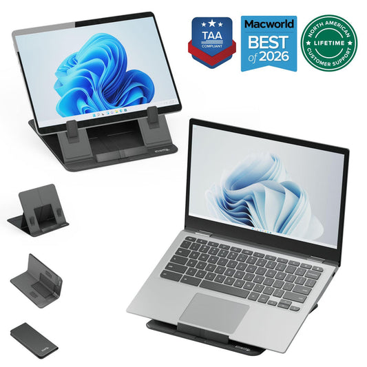 Plugable PT-STANDX foldable laptop and tablet stand shown in multiple configurations with TAA compliant certification.
