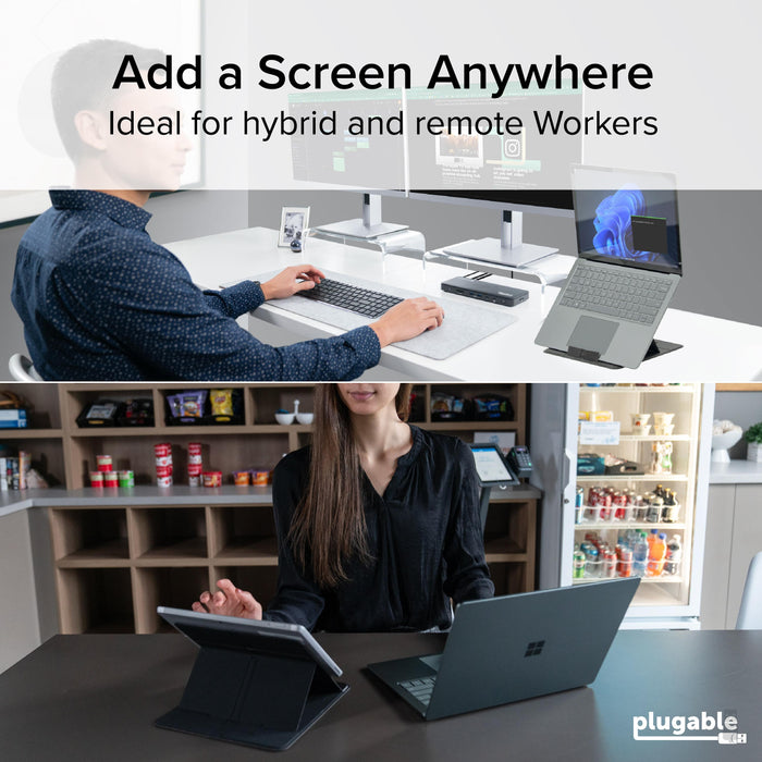 Plugable PT-STANDX foldable laptop stand supporting a laptop and tablet in dual-monitor and mobile workstation setups.