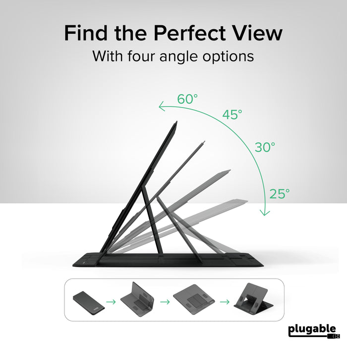 PT-STANDX foldable laptop stand showing four adjustable viewing angles: 25, 30, 45, and 60 degrees.