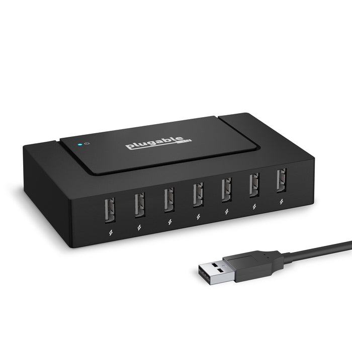 Plugable USB2-HUB7BC 7-port USB hub with power charging icons under each port and a USB-A host cable.