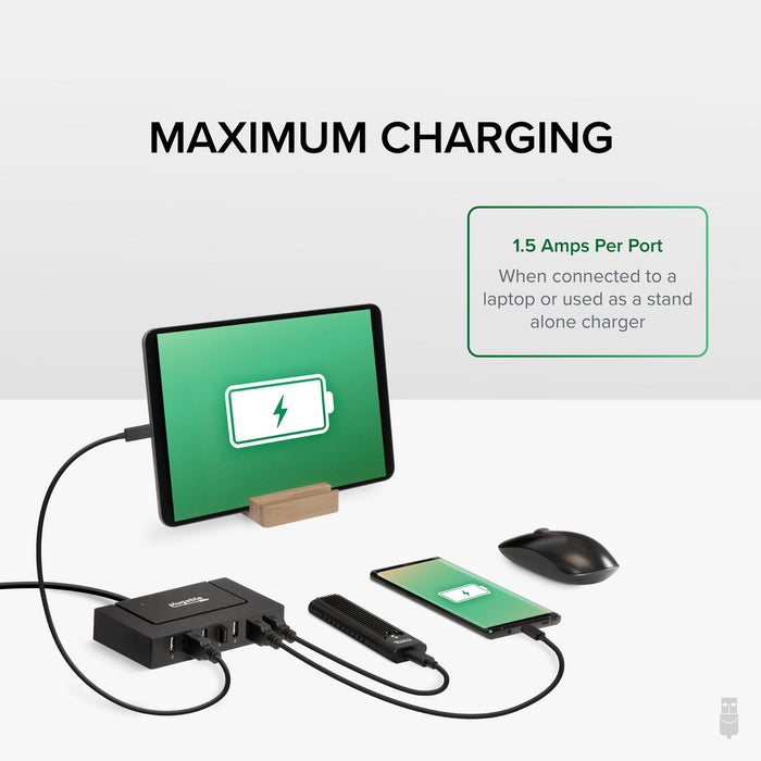 USB2-HUB7BC provides 1.5 Amps per port when connected to a laptop or used as a standalone charger.