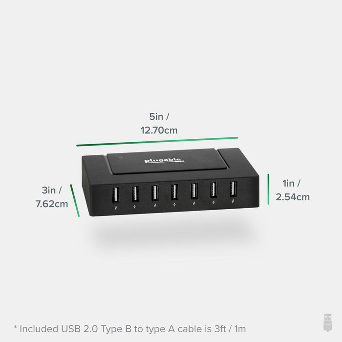 Plugable USB2-HUB7BC dimensions: 5in x 3in x 1in. Includes 3ft USB 2.0 Type B to Type A cable.