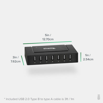 Plugable USB2-HUB7BC dimensions: 5in x 3in x 1in. Includes 3ft USB 2.0 Type B to Type A cable.