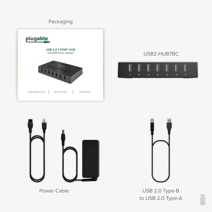 USB2-HUB7BC 7-port USB 2.0 hub with 60W power supply, power cable, and USB 2.0 Type-B to Type-A cable.