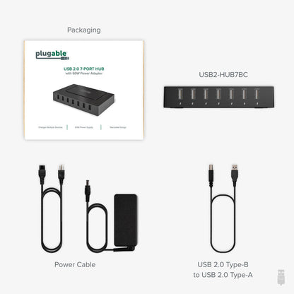 USB2-HUB7BC 7-port USB 2.0 hub with 60W power supply, power cable, and USB 2.0 Type-B to Type-A cable.