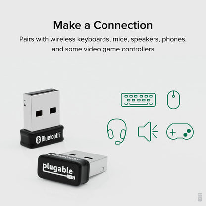 Plugable USB-BT5 Bluetooth adapter pairs with wireless keyboards, mice, speakers, phones, and game controllers.
