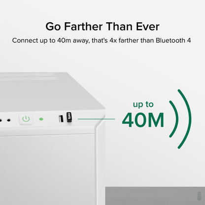 USB-BT5 Bluetooth adapter plugged into a PC, showing an enhanced connection range of up to 40 meters.