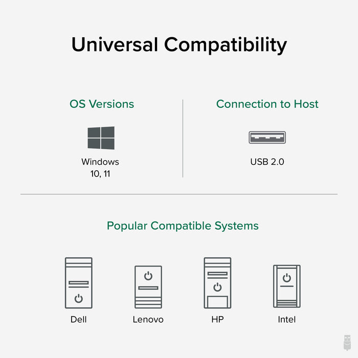 USB-BT5 compatibility: Windows 10, 11; USB 2.0 host connection; compatible with Dell, Lenovo, HP, and Intel systems.