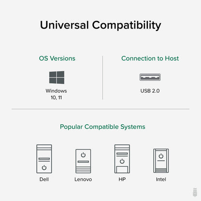 USB-BT5 compatibility: Windows 10, 11; USB 2.0 host connection; compatible with Dell, Lenovo, HP, and Intel systems.