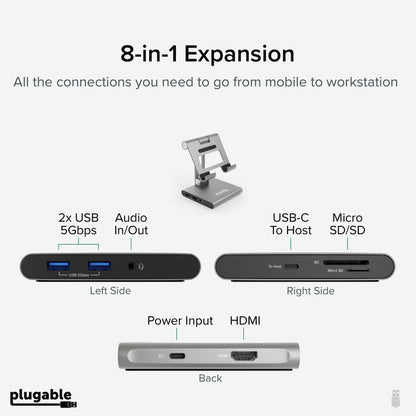 Plugable UDS-7IN1 ports: 2x USB 5Gbps, Audio In/Out, USB-C to host, Micro SD/SD, Power Input, and HDMI.