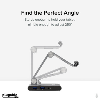 Plugable UDS-7IN1 tablet stand with 250-degree adjustable hinge, featuring two 5Gbps USB ports and audio jack.