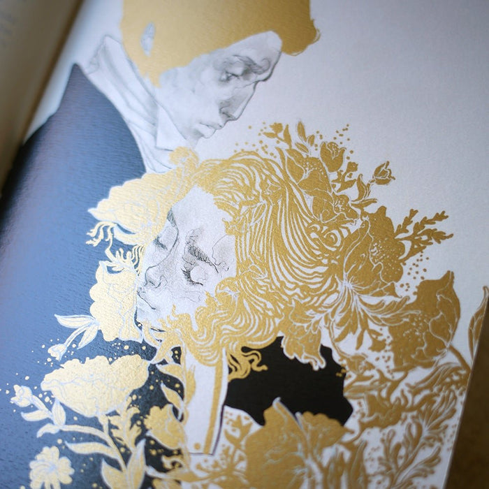 Special Edition of Pride and Prejudice by Jane Austen with gold and white illustration of Elizabeth and Mr. Darcy on a black hardcover book and a slip case