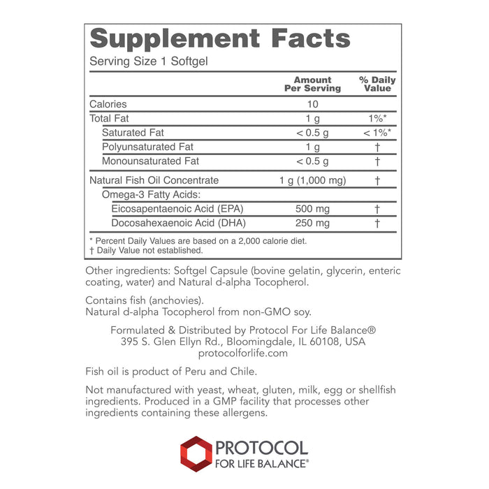 Protocol For Life Balance Molecularly Distilled Ultra Omega-3 500 EPA / 250 DHA 180 Softgels