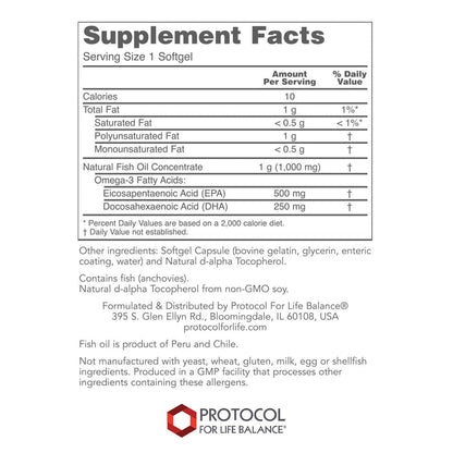 Protocol For Life Balance Molecularly Distilled Ultra Omega-3 500 EPA / 250 DHA 180 Softgels
