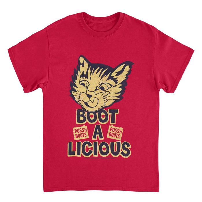 Puss n Boots Boot a Licious Retro Cat Food Red T-Shirt