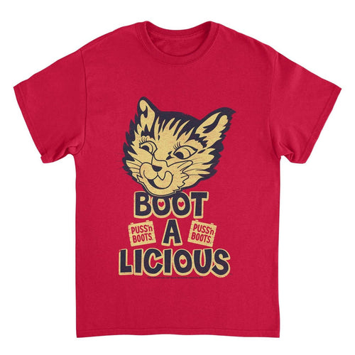Puss n Boots Boot a Licious Retro Cat Food Red T-Shirt