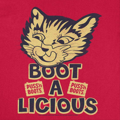 Puss n Boots Boot a Licious Retro Cat Food Red T-Shirt
