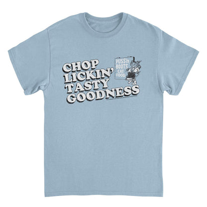 Puss n Boots Retro Cat Food Chop Lickin Light Blue T-Shirt