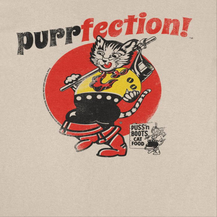 Puss n Boots Retro Cat Food Purrfection Sand T-Shirt