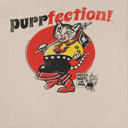 Puss n Boots Retro Cat Food Purrfection Sand T-Shirt
