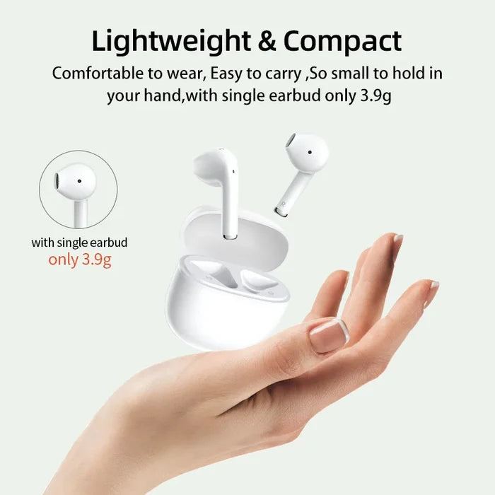 White wireless earbuds and charging case.