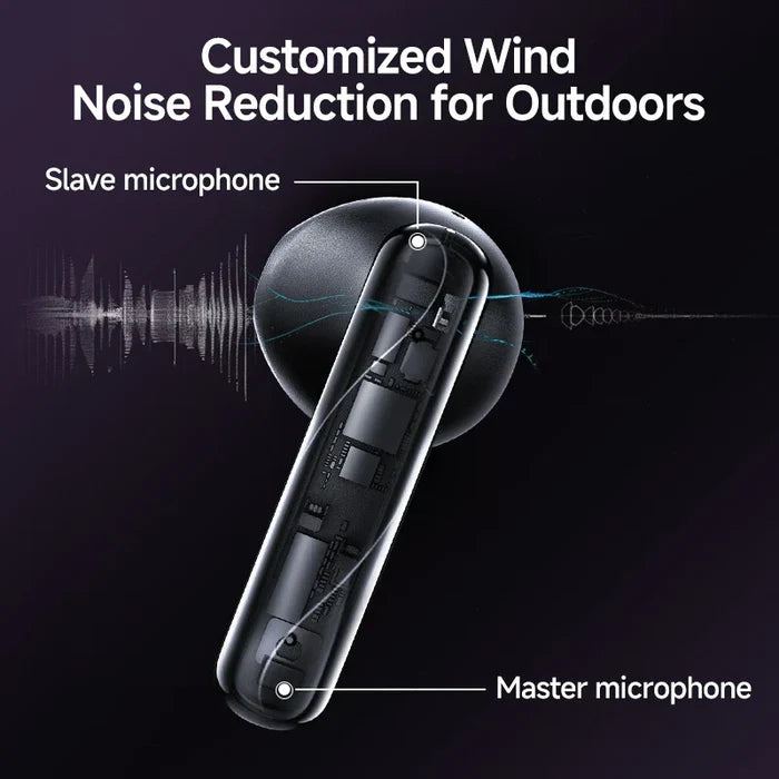 Black wireless earbud with visible internal components.