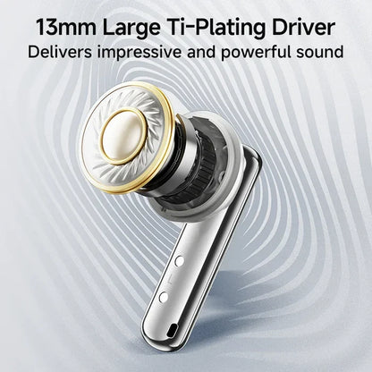 Silver and white wireless earbud.