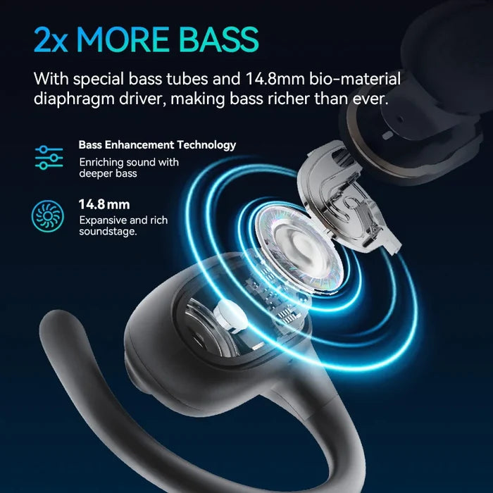 Wireless earbud with a cross-sectional view highlighting its bass-enhancing features.