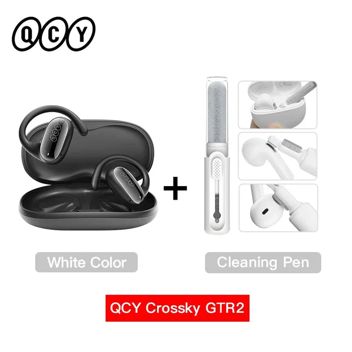 Pair of wireless earbuds with a charging case and cleaning pen accessory.