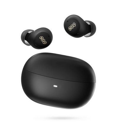 Black wireless earbuds with charging case.