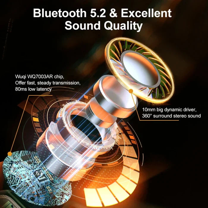 Exploded view of wireless earbud components.
