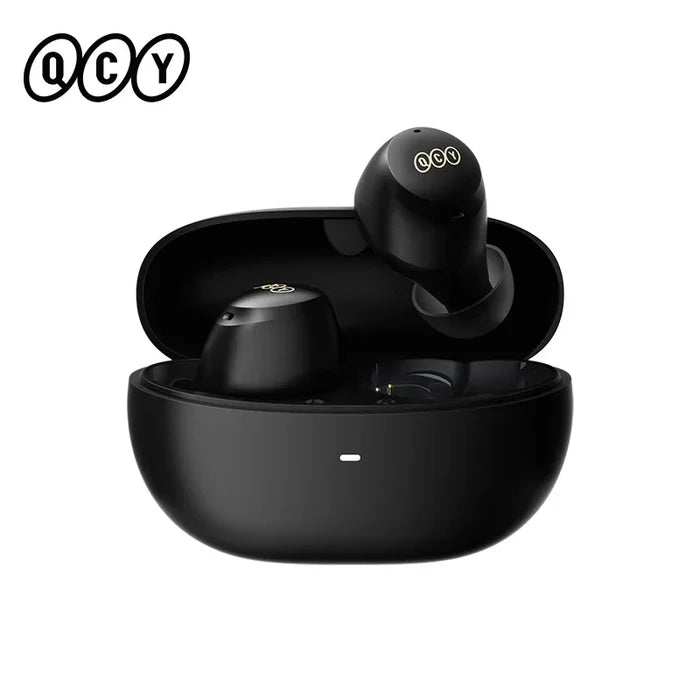 Black wireless earbuds and charging case.