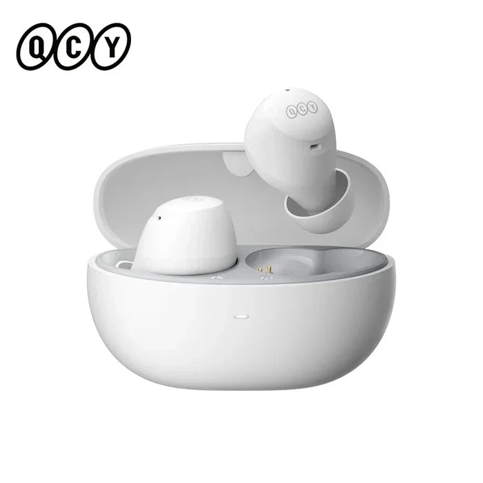 White wireless earbuds in charging case.