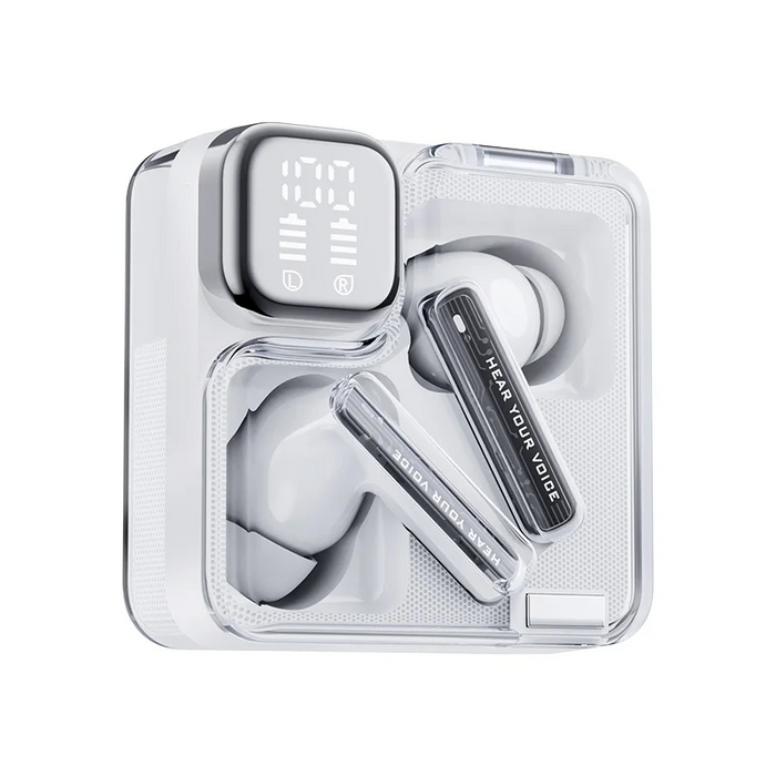 Clear wireless earbuds charging case.