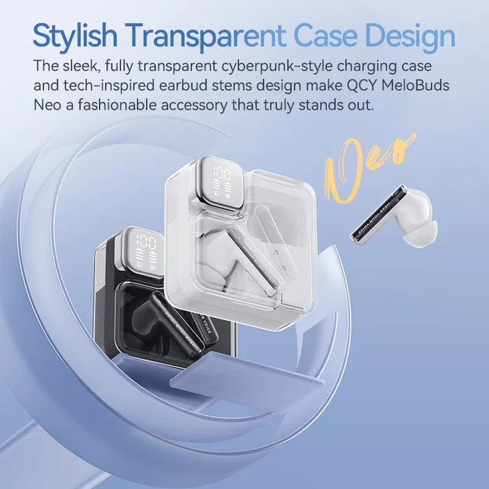 Wireless earbuds with transparent charging case.