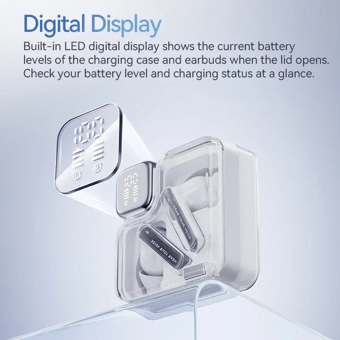 Clear wireless earbuds charging case with digital display.
