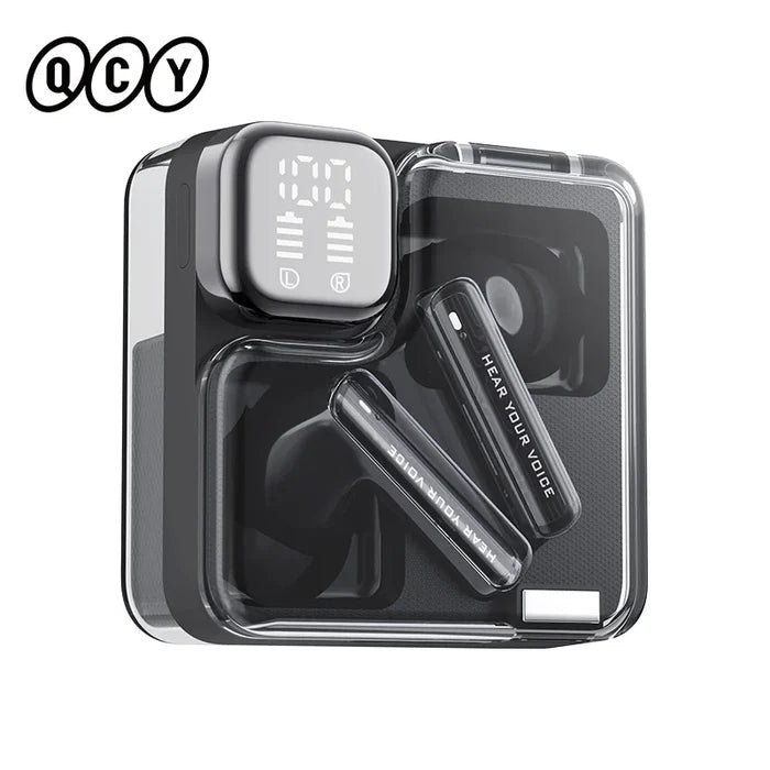 Wireless earbuds in a transparent charging case.