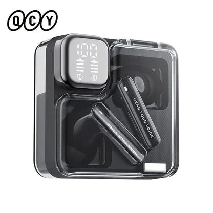 Wireless earbuds in a transparent charging case.