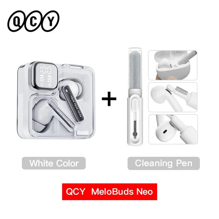 White earbuds with charging case and cleaning pen.