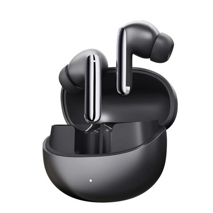Black wireless earbuds with charging case.