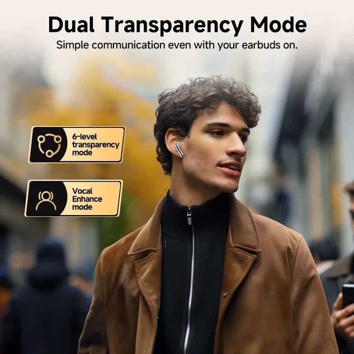 Man wearing wireless earbuds.