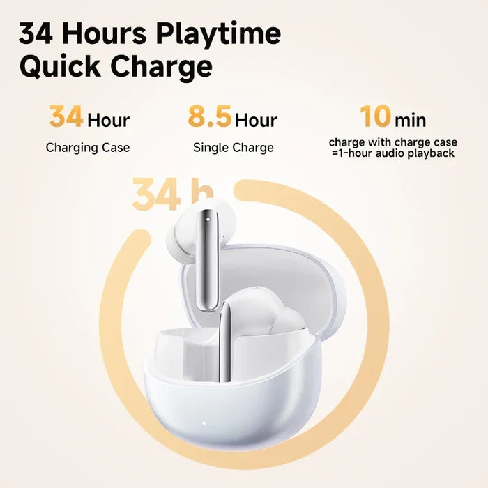 White wireless earbuds in charging case.