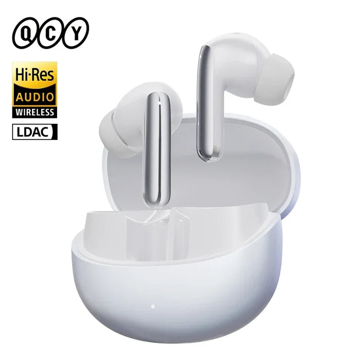 White wireless earbuds with charging case.