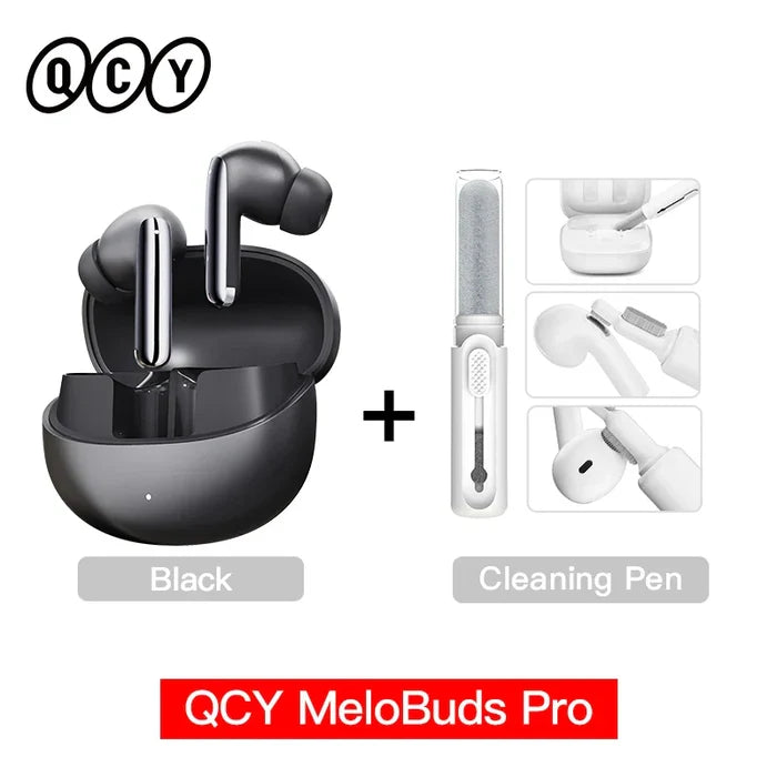 Black wireless earbuds with cleaning pen.