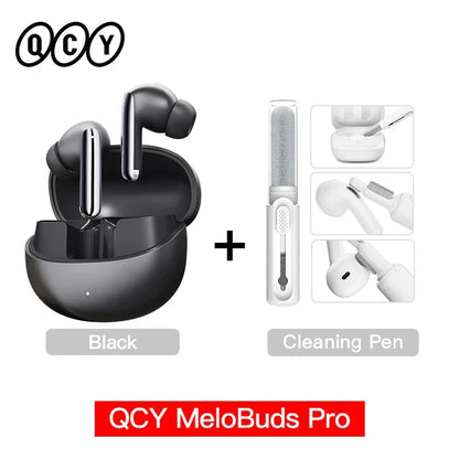 Black wireless earbuds with cleaning pen.