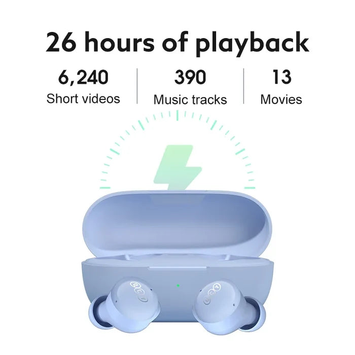 Blue wireless earbuds and charging case.