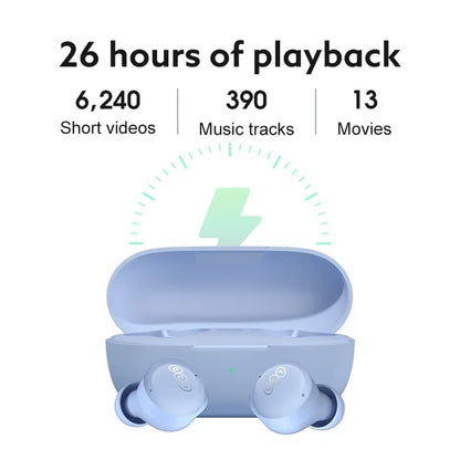 Blue wireless earbuds and charging case.